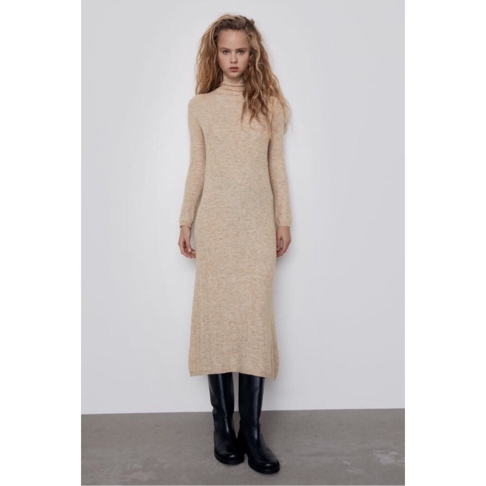 Zara Turtleneck Sweater Dress in Beige Medium